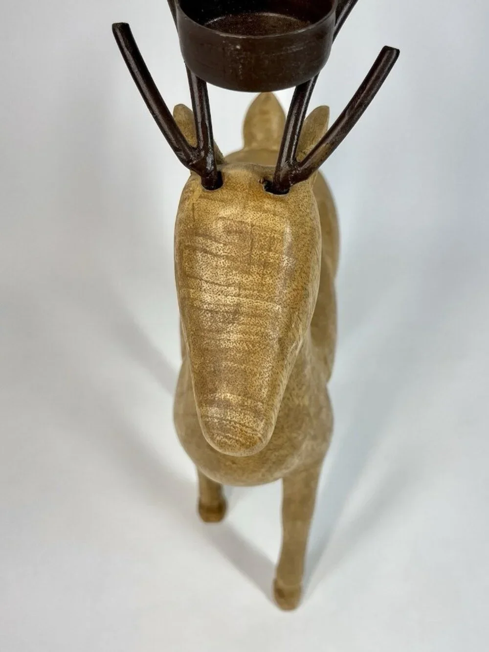 Rustic Carved Wood Reindeer Metal Antlers 3 Tealight Candle Holder Holiday